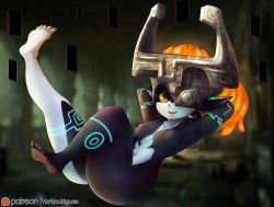 Rule 34 | 1girl, armpits, arms behind head, arms up, ass, barefoot, breasts, colored sclera, colored skin, fangs, full body, helmet, highres, indoors, legs, looking at viewer, midna, monster girl, multicolored skin, navel, nintendo, one eye covered, open mouth, orange hair, patreon username, pointy ears, red eyes, small breasts, smile, soles, solo, the legend of zelda, the legend of zelda: twilight princess, toes, two-tone skin, yellow sclera, yur1rodrigues