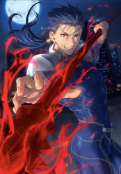 Rule 34 | 1boy, armor, blue bodysuit, blue hair, bodysuit, commentary request, covered abs, cowboy shot, cu chulainn (fate), cu chulainn (fate/stay night), earrings, fang, fate/stay night, fate (series), gae bolg (fate), grin, highres, holding, holding weapon, jewelry, long hair, looking at viewer, male focus, mondi hl, moon, muscular, muscular male, night, outdoors, polearm, ponytail, red eyes, shoulder armor, smile, solo, spear, teeth, weapon