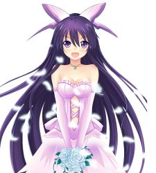 Rule 34 | 10s, 1girl, :d, blue flower, bouquet, collarbone, cowboy shot, date a live, dress, elbow gloves, feathers, flower, gloves, hair ornament, holding, holding bouquet, jewelry, long hair, looking at viewer, necklace, open mouth, pink dress, pink gloves, purple eyes, purple hair, sleeveless, sleeveless dress, smile, solo, standing, strapless, strapless dress, transparent background, very long hair, wedding dress, white feathers, yatogami tooka