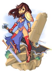 Rule 34 | 1girl, armor, arrow (projectile), blizzard (company), blue dress, brown eyes, brown hair, cloud, cosplay, drantyno, dress, gloves, gold armor, grass, grin, highres, holding, long hair, long sleeves, looking at viewer, paladin (warcraft), paladin (warcraft) (cosplay), paladin (world of warcraft), paladin (world of warcraft) (cosplay), pillar, red gloves, red thighhighs, rq (ryuhi), shoes, skull, sky, smile, sparkle, stairs, standing, sword, teeth, thighhighs, torn clothes, torn dress, torn thighhighs, warcraft, weapon, world of warcraft