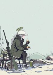 Rule 34 | black scarf, blue archive, closed eyes, eating, food, gloves, green jacket, grey hair, gun, halo, hare (blue archive), hare (camp) (blue archive), hat, highres, jacket, long hair, official alternate costume, outdoors, parabellum, ponytail, rifle, scarf, sitting, snow, snowflakes, snowing, solo, sweet potato, weapon, white hat