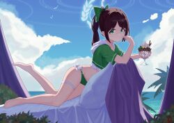 Rule 34 | 1girl, absurdres, airi (blue archive), alternate costume, barefoot, bikini, black hair, blue archive, day, food, green bikini, green eyes, green halo, green shirt, halo, highres, holding, holding spoon, long hair, looking at viewer, outdoors, ponytail, shirt, short sleeves, solo, soulcore1999, spoon, swimsuit, utensil in mouth