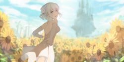 Rule 34 | 1girl, absurdres, back, blue eyes, blue sky, castle, day, dress, elbow gloves, flower, gloves, highres, kai1up, looking at viewer, looking back, open mouth, original, outdoors, short hair, silhouette, sky, solo, sunflower, white dress, white gloves, windmill