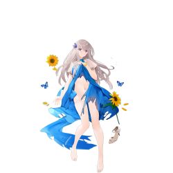Rule 34 | barefoot, blue eyes, bracelet, breasts, bug, butterfly, clothes lift, damaged, dress, dress lift, flower, full body, insect, jewelry, large breasts, lexington (warship girls r), long hair, sandals, unworn sandals, solo, suisai (suisao), sunflower, toes, torn clothes, torn dress, transparent background, warship girls r