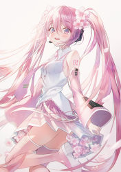 Rule 34 | 1girl, bare shoulders, boots, cherry blossoms, clothes lift, detached sleeves, flower, hair between eyes, hair flower, hair ornament, hatsune miku, headset, highres, leg up, lifted by self, long hair, long sleeves, looking at viewer, microphone, necktie, number tattoo, open mouth, petals, pink eyes, pink footwear, pink hair, pink skirt, sakura miku, shirt, sidelocks, simple background, skirt, skirt lift, smile, solo, tattoo, thigh boots, thighhighs, twintails, very long hair, vocaloid, white background, white shirt, wide sleeves, yon (tellmedoor)