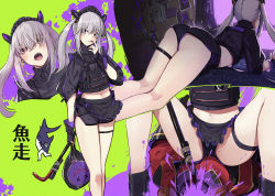 Rule 34 | 1girl, :o, apron, ass, bag, black shirt, black shorts, blood, boots, colored blood, crop top, crowbar, finger to mouth, fingerless gloves, frills, gloves, grey hair, hair over eyes, headdress, holding, holding crowbar, long hair, looking at viewer, lying, midriff, mole, mole on thigh, multiple views, nail polish, navel, on stomach, open mouth, original, purple blood, ranyu, red eyes, sharp teeth, shirt, short shorts, shorts, sidelocks, spread legs, standing, teeth, thigh strap, thighs, turtleneck, twintails, vest, waist apron