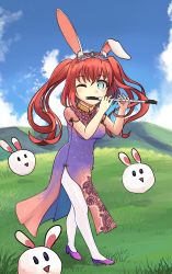 Rule 34 | 1girl, ;), absurdres, alternate hairstyle, animal ears, aqua eyes, artist name, artist request, bare legs, blue sky, blush, breasts, china dress, chinese clothes, cloud, day, dress, female focus, floating hair, floral print, flower print, flute, full body, green eyes, hair between eyes, high heels, highres, holding, holding flute, holding instrument, instrument, kurosawa ruby, looking at viewer, love live!, love live! sunshine!!, one eye closed, outdoors, parted lips, purple dress, purple footwear, red hair, short hair, short sleeves, sky, small breasts, smile, solo, tiara, twintails, wink