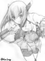 Rule 34 | 10s, 1girl, anchor, bike shorts, bow (weapon), buttons, chicken99, corset, crossbow, greyscale, headband, headgear, highres, holding, holding weapon, kantai collection, long sleeves, looking at viewer, machinery, monochrome, pleated skirt, short hair, simple background, skirt, solo, taihou (kancolle), twitter username, weapon, white background