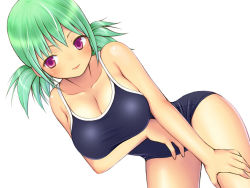 Rule 34 | 1girl, bent over, breast hold, breasts, cleavage, competition school swimsuit, green hair, hand on own thigh, hand on thigh, one-piece swimsuit, original, purple eyes, school swimsuit, shiriana, short hair, solo, swimsuit, twintails