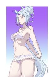 Rule 34 | 1girl, absurdres, animal ears, arms behind back, bikini, blue background, blue nails, blush, breasts, cleavage, colored eyelashes, cowboy shot, elder dragon, fingernails, frilled bikini, frills, from side, front-tie top, gradient background, gradient hair, grey hair, hair bun, highleg, highleg swimsuit, highres, horns, impossible clothes, impossible swimsuit, kirin (monster hunter), looking at viewer, lowleg, lowleg bikini, medium breasts, monster hunter, monster hunter: world, monster hunter (series), multicolored hair, nail polish, navel, one-piece swimsuit, outline, pink lips, purple background, purple hair, red eyes, revision, shiny skin, sideboob, sidelocks, single hair bun, single horn, solo, stretching, swimsuit, tail, thighs, two-tone background, white background, yamanata