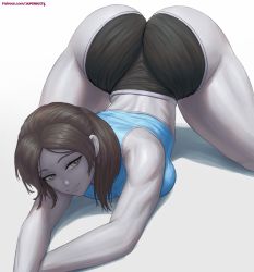 Rule 34 | 1girl, artist name, ass, bare shoulders, black hair, down bottom-up, flexible, grey eyes, highres, huge ass, long hair, looking at viewer, nintendo, pale skin, ponytail, short shorts, shorts, sleeveless, smile, solo, sports bra, superbusty, thick thighs, thighs, wide hips, wii fit, wii fit trainer, wii fit trainer (female)