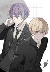 Rule 34 | 2boys, absurdres, aqua hair, bespectacled, black jacket, blazer, blonde hair, buttons, closed eyes, collared shirt, diagonal-striped clothes, diagonal-striped necktie, earrings, gakuran, glasses, grey sweater, hair between eyes, hand up, highres, ichigo ichie na hyakki yagyou!? (project sekai), jacket, jewelry, kamishiro rui, lapels, leaf, long sleeves, looking at viewer, male focus, multicolored hair, multiple boys, necktie, notched lapels, official alternate costume, official alternate hairstyle, open clothes, open jacket, orange hair, oyasumi dm, parted lips, project sekai, purple hair, school uniform, shirt, short hair, short sleeves, streaked hair, striped clothes, sweater, tenma tsukasa, two-tone hair, upper body