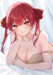 Rule 34 | 1girl, absurdres, bare shoulders, bed sheet, breasts, cleavage, closed mouth, collarbone, curtains, elbow rest, hair ribbon, heterochromia, highres, hololive, houshou marine, large breasts, long hair, looking at viewer, lying, on stomach, red eyes, red hair, ribbon, smile, solo, strap slip, twintails, upper body, virtual youtuber, yellow eyes, yoshinon (yoshinon kotori)