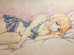 Rule 34 | 1girl, bare arms, bed, bed sheet, blonde hair, blue eyes, blush, bra, breasts, checkered clothes, checkered dress, checkered skirt, cleavage, collarbone, dress, en&#039;en no shouboutai, facing viewer, front-tie bra, highres, iris (enen no shouboutai), large breasts, leg up, looking at viewer, lying, midriff, navel, on bed, on side, parted lips, pillow, short hair, skirt, solo, stomach, teeth, underwear, varon