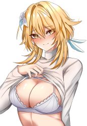 Rule 34 | 1girl, absurdres, arm behind head, blonde hair, blush, bra, breasts, cleavage, closed mouth, clothes lift, embarrassed, feather hair ornament, feathers, flower, furrowed brow, genshin impact, hair flower, hair ornament, hand up, highres, large breasts, lifted by self, looking at viewer, lumine (genshin impact), medium hair, nose blush, raised eyebrows, rudang, short hair with long locks, simple background, solo, sweat, sweater, sweater lift, turtleneck, turtleneck sweater, underwear, upper body, white background, white bra, white sweater, yellow eyes