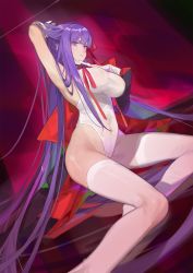 Rule 34 | 1girl, arm up, armpits, bb (fate), bb (fate) (all), bb (swimsuit mooncancer) (fate), bb (swimsuit mooncancer) (third ascension) (fate), coat, fate/grand order, fate (series), gloves, groin, hair ribbon, highres, leotard, long hair, parted lips, purple eyes, purple hair, red background, red cucumber, ribbon, sitting, solo, thighhighs, very long hair, white gloves, white thighhighs