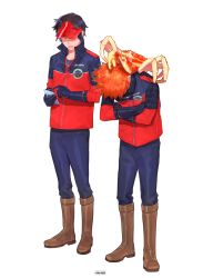 Rule 34 | 2boys, black gloves, black pants, blue eyes, boots, brown footwear, crab, crab on shoulder, crossed arms, face down, full body, gkrk89, gloves, goggles, goggles around neck, highres, holding, holding phone, jacket, long sleeves, looking at another, male focus, mizukami satoshi (world trigger), multiple boys, oki kouji, one eye covered, orange eyes, orange hair, pants, pants tucked in, phone, popped collar, red headwear, short hair, side-by-side, simple background, spiked hair, standing, uniform, visor cap, white background, world trigger