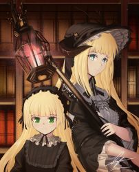 Rule 34 | 2girls, alternate costume, arknights, artist name, black dress, black headwear, black nails, blonde hair, blue eyes, book, closed mouth, dress, enmaided, gosick, green eyes, highres, holding lamp, long hair, looking at viewer, maid, multiple girls, nail polish, nightingale (arknights), official alternate costume, smile, unhappy, unitaka, upper body, victorica de blois