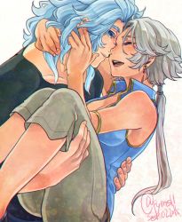 Rule 34 | 1boy, 1girl, blue eyes, blue hair, blush, breasts, carrying, dissidia final fantasy, earrings, final fantasy, final fantasy ii, firion, genderswap, genderswap (mtf), hair ornament, hetero, jewelry, long hair, open mouth, payu (pyms11), simple background, smile, warrior of light (ff1), white hair