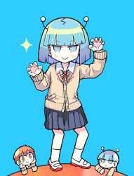 Rule 34 | 1girl, 2boys, :|, alien, andromedako, andromedao, antennae, blue background, blue hair, blue skirt, blunt bangs, blush, bob cut, brown cardigan, brown eyes, brown hair, cardigan, claw pose, closed mouth, commentary, curled fingers, dress shirt, hands up, jitome, looking at another, looking at viewer, multiple boys, nayutalien, nayutan sei kara no buttai, neck ribbon, pleated skirt, red neckwear, ribbon, school uniform, shirt, shoes, short hair, skirt, smile, solo focus, sparkle, terada tera, uwabaki, v-shaped eyebrows, white footwear, white legwear, white shirt