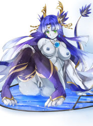 Rule 34 | 1girl, animal hands, anus, bad id, bad pixiv id, barefoot, blue hair, blue skin, breasts, censored, colored skin, detached sleeves, green eyes, green hair, hair ornament, jewelry, long hair, matching hair/eyes, nipples, nude, pendant, pointy ears, pussy, puzzle &amp; dragons, sitting, smile, solo, sumire (p&amp;d), thighhighs, toeless legwear, toes, yohane