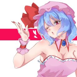 Rule 34 | 0002koko, 1girl, armpits, blowing kiss, blue hair, breasts, cleavage, detached collar, dress, fingernails, hat, hat ribbon, heart, highres, long eyelashes, mob cap, one eye closed, open mouth, pink hat, red eyes, red nails, remilia scarlet, ribbon, sharp fingernails, solo, strapless, strapless dress, touhou, upper body