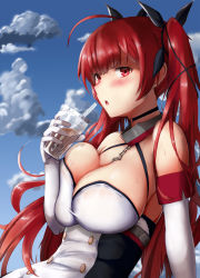 Rule 34 | 1girl, :o, ahoge, arm support, azur lane, black ribbon, blue sky, blush, breast press, breasts, bubble tea, cleavage, closed mouth, cloud, collarbone, commentary request, cup, day, disposable cup, drinking straw, elbow gloves, from side, gloves, hair between eyes, hair ribbon, hat, highres, holding, holding cup, honolulu (azur lane), large breasts, long hair, looking at viewer, open mouth, outdoors, red eyes, red hair, revision, ribbon, satou aji, sitting, sky, solo, sweat, teeth, twintails, upper teeth only, very long hair, white gloves
