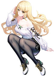 Rule 34 | 1girl, bare shoulders, black choker, black footwear, black skirt, blonde hair, blush, breasts, choker, cleavage, closed mouth, collarbone, commentary request, full body, hand up, high heels, highres, knees up, large breasts, long hair, long sleeves, looking at viewer, medium breasts, mythra (xenoblade), off-shoulder shirt, off shoulder, pantyhose, puffy long sleeves, puffy sleeves, ririko (zhuoyandesailaer), shirt, shoes, skirt, sleeves past wrists, smile, solo, swept bangs, thighband pantyhose, very long hair, white background, white shirt, xenoblade chronicles (series), xenoblade chronicles 2, yellow eyes
