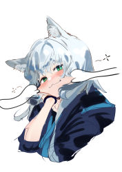 Rule 34 | 1girl, 1other, absurdres, animal ear fluff, animal ears, arknights, black jacket, blush, cat ears, cheek pull, closed mouth, commentary request, cropped torso, green eyes, grey hair, hair between eyes, hand up, head tilt, highres, hood, hood down, hooded jacket, jacket, looking at viewer, rosmontis (arknights), simple background, sketch, smile, solo focus, uh9, upper body, white background
