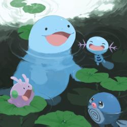 Rule 34 | creatures (company), day, closed eyes, game freak, gen 1 pokemon, gen 2 pokemon, gen 6 pokemon, goomy, kawaanago, lily pad, nintendo, no humans, open mouth, outdoors, partially submerged, pokemon, pokemon (creature), poliwag, quagsire, ripples, swimming, swirl, water, water drop, wooper