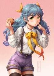 Rule 34 | 1girl, bad id, bad pixiv id, beef, blue hair, burger, buttons, collared shirt, cucumber, finger to mouth, food, gradient background, green eyes, hair ribbon, highres, holding, holding food, kotikomori, long hair, long sleeves, looking at viewer, orange ribbon, original, pink background, ribbon, shirt, shorts, simple background, smile, solo, standing, thighhighs, white shirt, zettai ryouiki