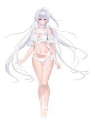 Rule 34 | 1girl, absurdres, ahoge, bikini, detached sleeves, fate/grand order, fate (series), grey hair, highres, lady avalon (second ascension) (fate), light smile, long hair, merlin (fate/prototype), lady avalon (fate), mole, mole under eye, navel, pink eyes, short sleeves, simple background, solo, swimsuit, very long hair, white background, white bikini, white footwear