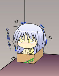 Rule 34 | 10s, 1girl, angel beats!, box, chibi, in box, in container, hugging own legs, long hair, solo, tears, tenshi (angel beats!), translation request, trembling, white hair, yellow eyes
