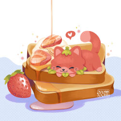 Rule 34 | absurdres, animal focus, artist name, bread slice, dripping, food, food focus, fruit, heart, highres, namocchi, no humans, original, pink cat, simple background, sparkle, spoken heart, strawberry, toast, whipped cream