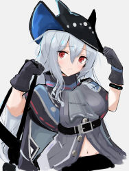 Rule 34 | 1girl, adjusting clothes, adjusting headwear, arknights, ascot, asususususu, belt, black capelet, black hat, blush, capelet, closed mouth, commentary request, grey ascot, grey shirt, hair between eyes, hat, head tilt, highres, infection monitor (arknights), long hair, looking at viewer, midriff, navel, red eyes, shirt, silver hair, simple background, skadi (arknights), solo, sword, upper body, weapon, weapon on back, white background
