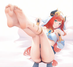 Rule 34 | 1girl, :/, absurdres, ass, bare legs, bare shoulders, barefoot, black panties, blush, brooch, cameltoe, crop top, dot nose, dsbz, feet, feet up, foot focus, forehead jewel, foreshortening, full body, genshin impact, green eyes, highres, horns, index finger raised, jewelry, long hair, long sleeves, looking at viewer, lying, neck ring, nilou (genshin impact), on back, panties, parted bangs, puffy long sleeves, puffy sleeves, red hair, soles, solo, thighs, toes, underwear, vambraces, veil, vision (genshin impact), white background