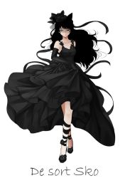 Rule 34 | 1girl, animal ears, bad id, bad twitter id, black dress, black theme, blake belladonna, cat ears, clothes lift, commentary request, dress, elbow gloves, full body, funeral veil, gloves, rwby, simple background, solo, sumiwow, translation request, veil, white background