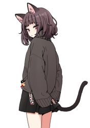 Rule 34 | 1girl, animal ears, arms behind back, black skirt, brown hair, brown sweater, cat ears, cat girl, cat tail, commentary, cowboy shot, facing away, kmnz, looking at viewer, mc liz, medium hair, nago purin, pink eyes, simple background, skirt, solo, standing, sweater, symbol-only commentary, tail, turtleneck, turtleneck sweater, virtual youtuber, white background