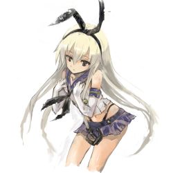 Rule 34 | 10s, 1girl, anchor, anchor hair ornament, black panties, blonde hair, brown eyes, elbow gloves, gloves, gond, hair ornament, hairband, kantai collection, long hair, looking at viewer, navel, panties, personification, shimakaze (kancolle), skirt, solo, thighhighs, torn clothes, underwear, white gloves