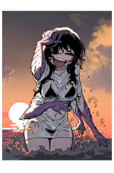 Rule 34 | 1girl, absurdres, bibian (player), bikini, black bikini, black hair, breasts, extra arms, facing viewer, happy, highres, large breasts, looking at viewer, messy hair, monster girl, open mouth, outdoors, partially submerged, player (webtoon), purple hands, see-through, sharp teeth, shirt, smile, solo, ssambatea, sunset, swimsuit, teeth, thong bikini, tongue, wet, wet clothes, wet shirt
