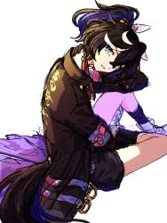 Rule 34 | 1girl, animal ears, black hair, black jacket, black socks, blue eyes, clothing cutout, commentary request, ear covers, from behind, hair ornament, highres, horse ears, horse girl, horse tail, jacket, jagaimobeniko, katsuragi ace (umamusume), knee up, medium hair, multicolored hair, on ground, open clothes, open jacket, ponytail, shoes, simple background, sneakers, socks, solo, streaked hair, tail, tail through clothes, umamusume, white background, white footwear, white hair