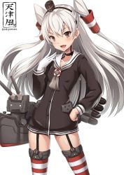 Rule 34 | 10s, 1girl, :d, amatsukaze (kancolle), artist name, breasts, brown dress, brown eyes, buttons, character name, choker, collar, dress, fang, garter belt, garter straps, gloves, hair tubes, hand on own hip, hat, kantai collection, lifebuoy, long hair, long sleeves, looking at viewer, machinery, o o, open mouth, red thighhighs, rensouhou-kun, sailor collar, sailor dress, sakiyamama, short dress, silver hair, simple background, single glove, small breasts, smile, solid circle eyes, solo, striped clothes, striped thighhighs, swim ring, thighhighs, torpedo, turret, twintails, twitter username, two side up, unworn gloves, very long hair, white background, white gloves, zettai ryouiki