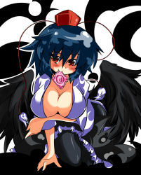 Rule 34 | 1girl, black hair, black pantyhose, blue hair, blush, breasts, cleavage, condom, condom in mouth, female focus, gin (shioyude), hat, large breasts, mouth hold, pantyhose, red eyes, shameimaru aya, short hair, solo, tokin hat, touhou, wings