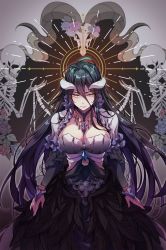Rule 34 | 1girl, albedo (overlord), alternate costume, animal skull, artist request, black hair, black wings, breasts, cleavage, demon horns, dress, feathered wings, flower, flower ornament, frilled dress, frills, glover, hair between eyes, halo, highres, horns, jewelry, large breasts, light rays, looking at viewer, low wings, necklace, overlord (maruyama), rose, sheep horns, skeleton, slit pupils, smile, wings, yellow eyes