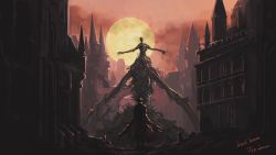 Rule 34 | 1other, ambiguous gender, axe, bloodborne, bridge, cityscape, commentary request, copyright name, corpse, creature, from behind, gun, hat, holding, holding axe, holding gun, holding weapon, hunter (bloodborne), monster, moon, red sky, scenery, signature, sky, the one reborn, tripdancer, weapon