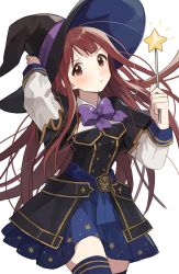 Rule 34 | 1girl, absurdres, black dress, black hat, blue skirt, blue thighhighs, blunt ends, blush, bow, bowtie, brown eyes, brown hair, commentary request, dress, gold trim, hano9789, hat, hat ribbon, highres, holding, holding wand, idolmaster, idolmaster million live!, korean commentary, long hair, looking at viewer, pout, purple bow, purple bowtie, purple ribbon, ribbon, skirt, solo, star wand, tanaka kotoha, thighhighs, upper body, wand, white sleeves, witch hat
