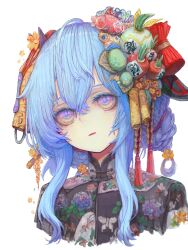 Rule 34 | 1girl, absurdres, alternate costume, alternate hairstyle, black shirt, blue hair, chinese clothes, commentary request, fish hair ornament, floral print, ganyu (genshin impact), genshin impact, hair ornament, highres, long hair, looking at viewer, open mouth, portrait, purple eyes, rueen, shirt, sidelocks, simple background, solo, tangzhuang, tassel, tassel hair ornament, white background