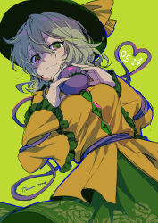 Rule 34 | 1girl, buttons, closed mouth, cowboy shot, diamond button, frilled sleeves, frills, green background, green eyes, green hair, green skirt, hashtag-only commentary, hat, heart, heart of string, highres, koishi day, komeiji koishi, long hair, long sleeves, looking at viewer, noriuma, shirt, simple background, skirt, smile, solo, third eye, touhou, wide sleeves, yellow shirt