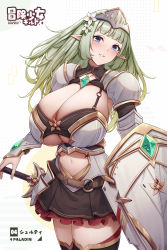 Rule 34 | 1girl, absurdres, armor, black thighhighs, blue eyes, blunt bangs, blush, breasts, brooch, clothing cutout, commentary request, cowboy shot, green hair, highres, huge breasts, jewelry, kannko bokujou, long hair, looking at viewer, navel, navel cutout, original, parted lips, pointy ears, revision, shield, smile, solo, sword, thighhighs, thighs, weapon
