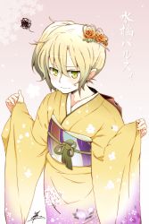 Rule 34 | 1girl, alternate costume, blonde hair, floral print, flower, green eyes, hair flower, hair ornament, happy new year, highres, japanese clothes, kimono, long sleeves, looking at viewer, mizuhashi parsee, new year, obi, sash, solo, squiggle, sweatdrop, touhou, tsukigi, wide sleeves